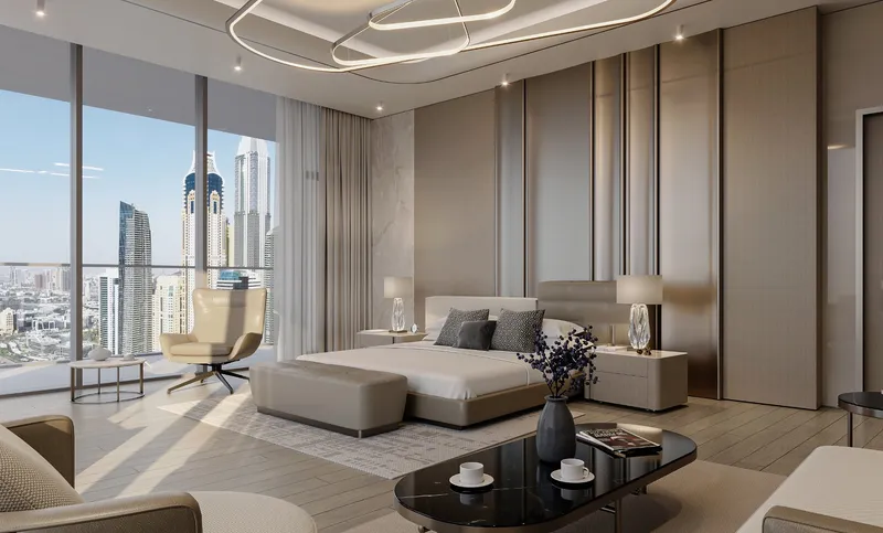 Bedroom at Sobha SeaHaven with a view of the Dubai Marina skyline