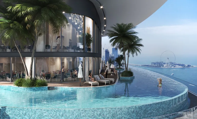 Infinity pool at Sobha SeaHaven looking towards Ain Dubai