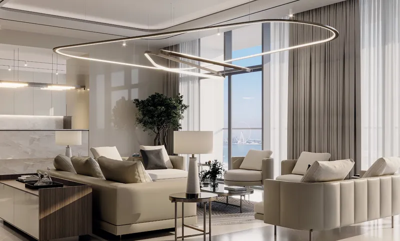 Living room of a Sobha SeaHaven apartment with full-height glazing