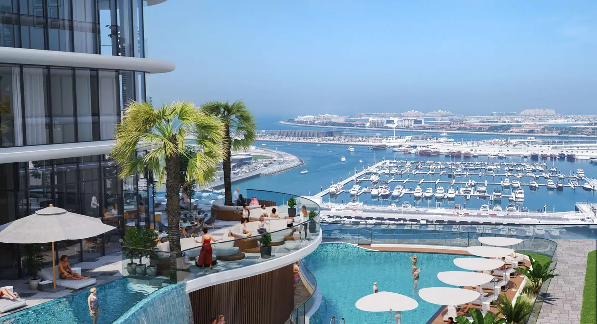 Podium pool deck at Sobha SeaHaven above the Dubai Harbour marina