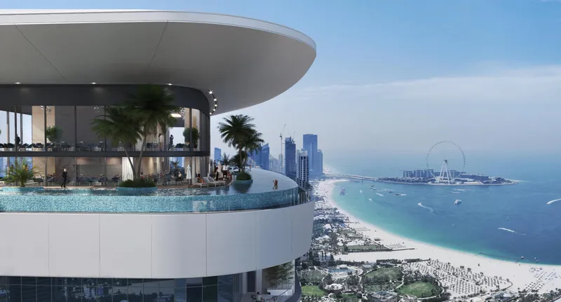 Sky-level pool terrace at Sobha SeaHaven above the beach and Bluewaters