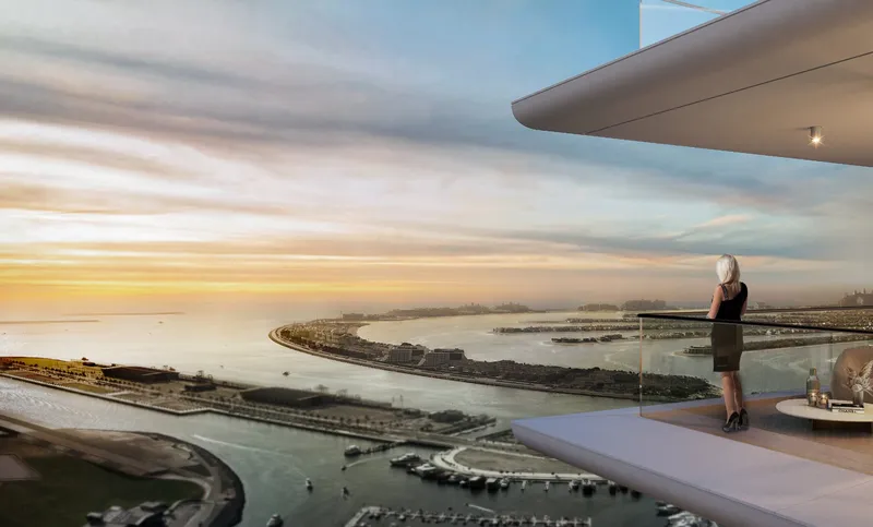 Terrace at Sobha SeaHaven overlooking Palm Jumeirah at sunset