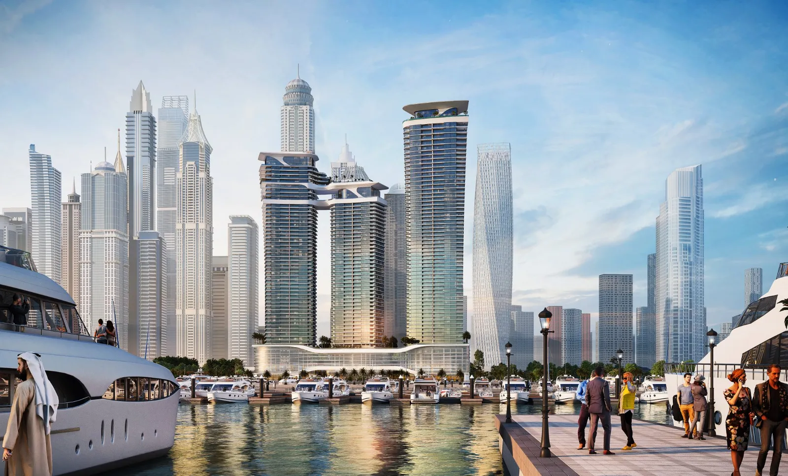 The three Sobha SeaHaven towers seen across the Dubai Harbour marina