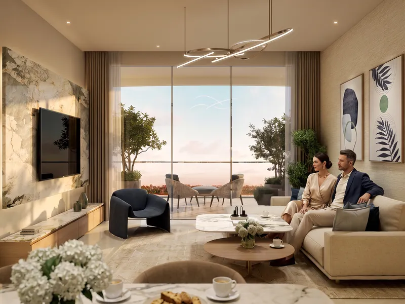 Living room of a Sorrento apartment with a marble TV wall and full-height glazing to a balcony
