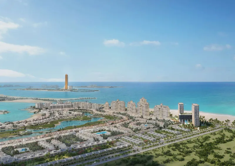 Aerial render of Al Hamra, Ras Al Khaimah, with the Soto Grande towers on the coast