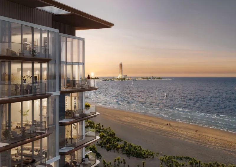 Render of the balconies of Soto Grande overlooking the beach at sunset