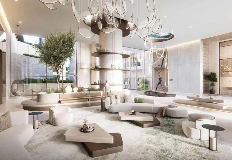 Render of the lobby at Soto Grande, with a central tree and seating
