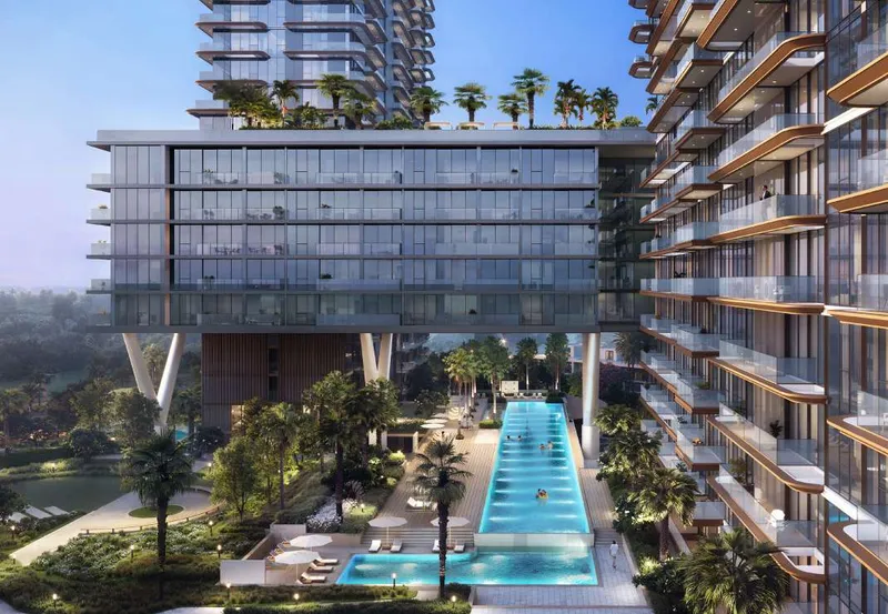 Render of the long pool between the two Soto Grande towers, beneath the bridge
