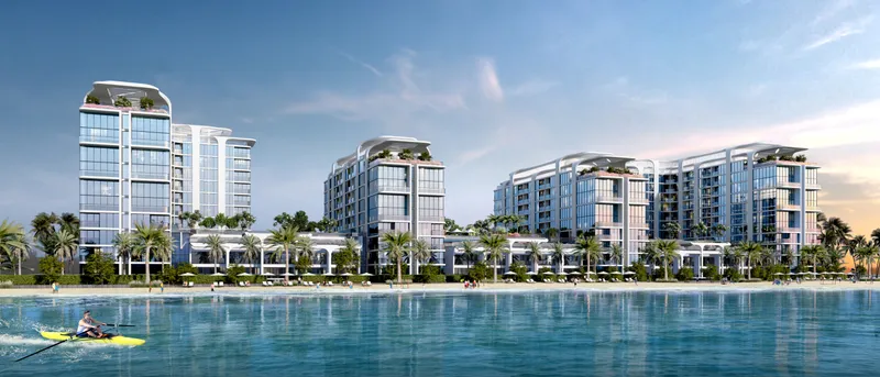 The four buildings of Starline Beach Residences along the shoreline of Sobha Siniya Island
