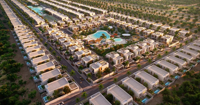 Aerial render of the Sukoon villa clusters around a central pool and the lagoon