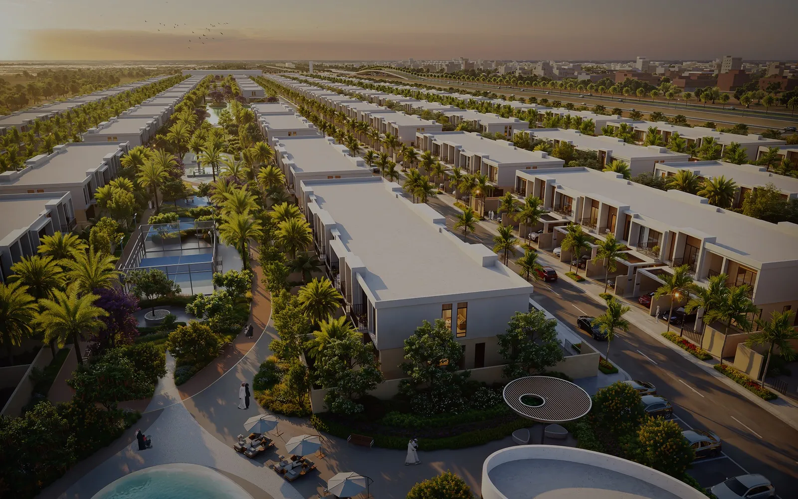 Aerial render of the Sukoon villa community in Al Tay East, Sharjah, at sunset (developer render)