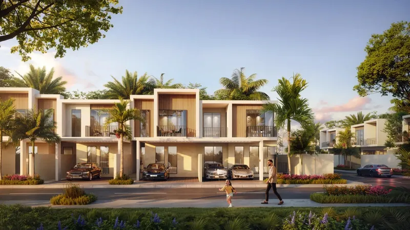 Render of a row of Sukoon homes with covered parking and landscaped verges