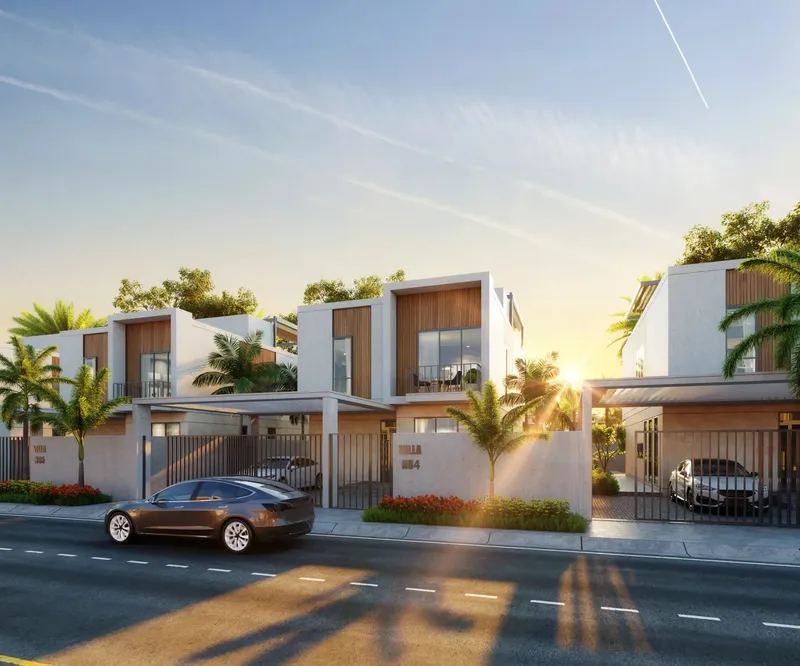 Render of two-storey Sukoon villas with timber screens and gated driveways at sunrise