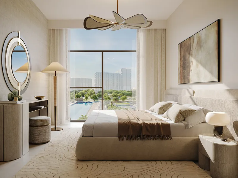 Interior render of a Terra Gardens bedroom with a view over the pool and gardens