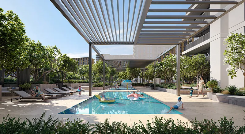 Render of children in the shaded kids' pool at Terra Gardens