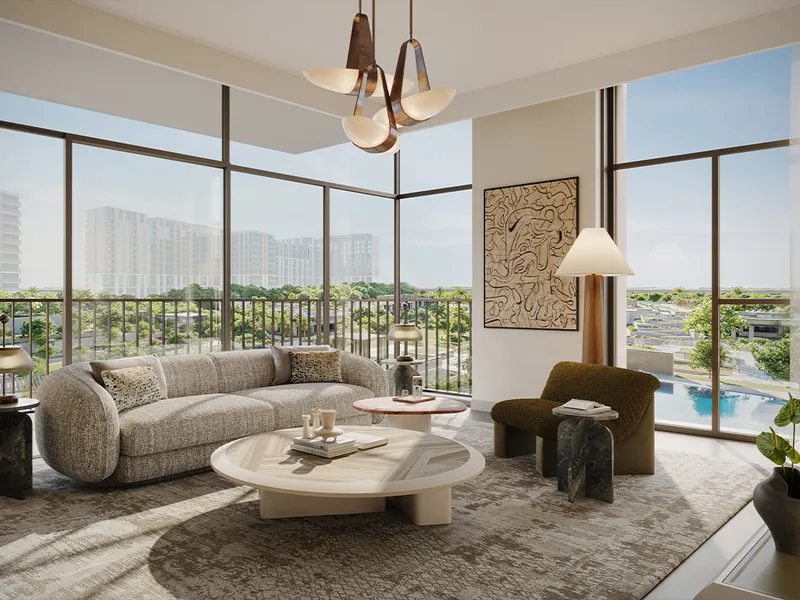 Interior render of a Terra Gardens living room with full-height corner windows