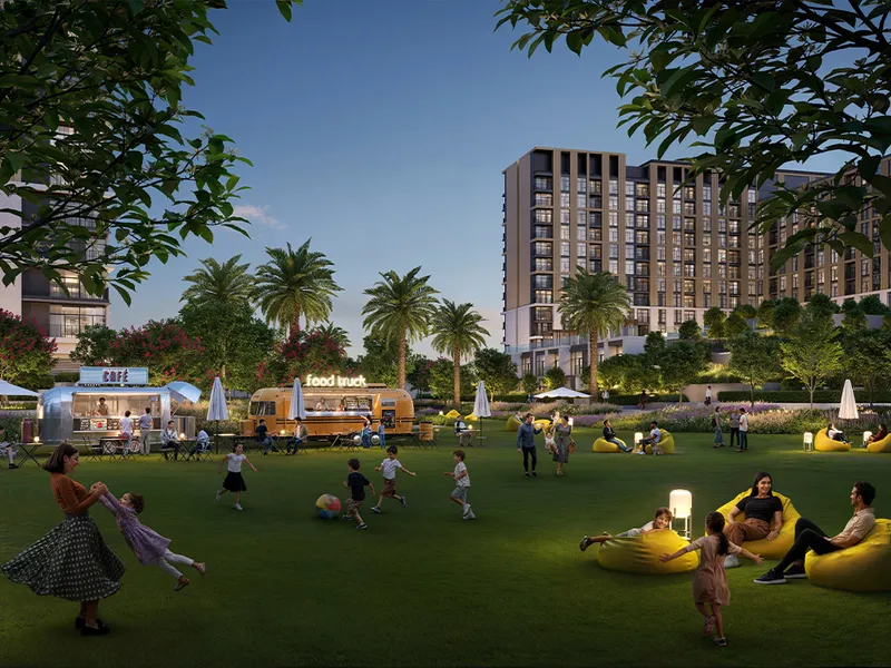 Render of families on the open lawn at Terra Gardens in the evening