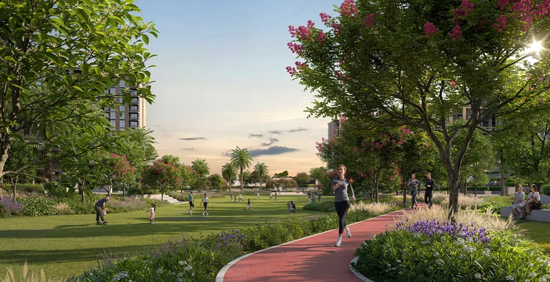 Render of a runner on the jogging track through the Terra Gardens park
