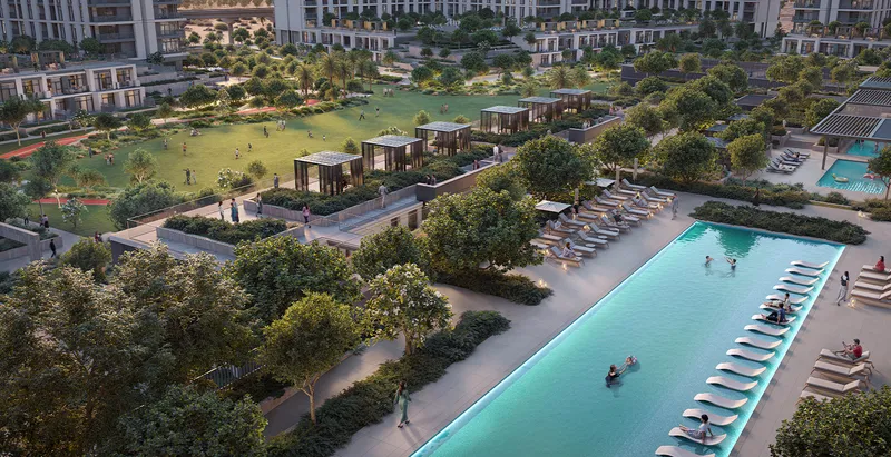Aerial render of the Terra Gardens pool, cabanas and central lawn between the buildings
