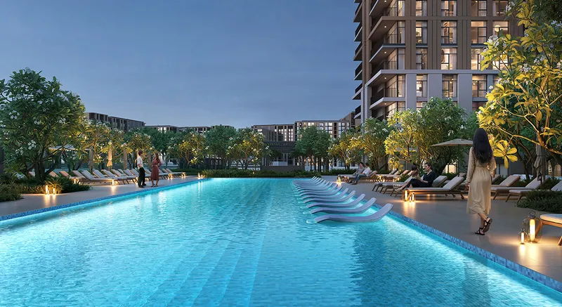 Render of the Terra Gardens swimming pool at dusk with in-water loungers