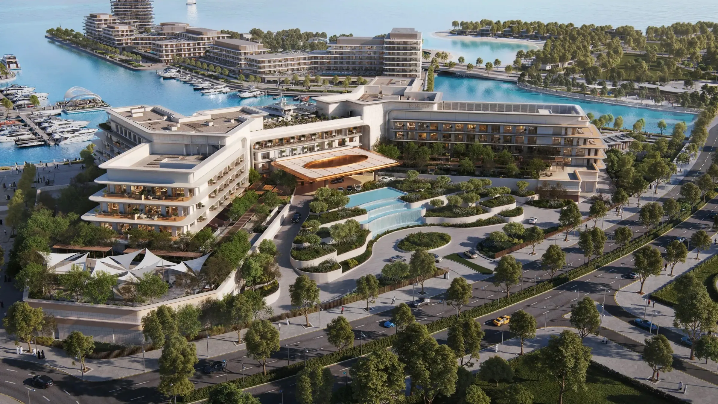 Aerial render of The Bristol Hotel & Residences on Ramhan Island, Abu Dhabi, with the marina behind