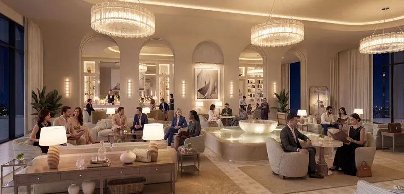 Render of the lobby lounge at The Bristol, with arched alcoves and chandeliers
