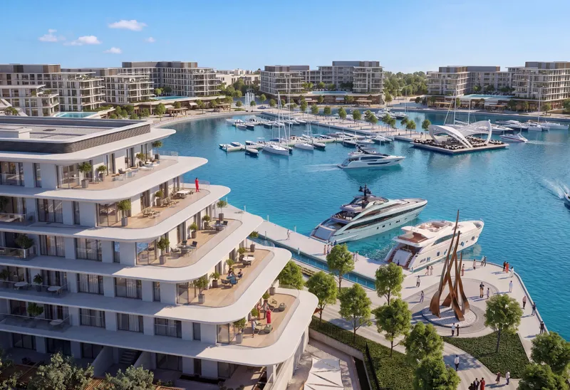 Render of the stepped terraces of The Bristol residences overlooking Ramhan Marina