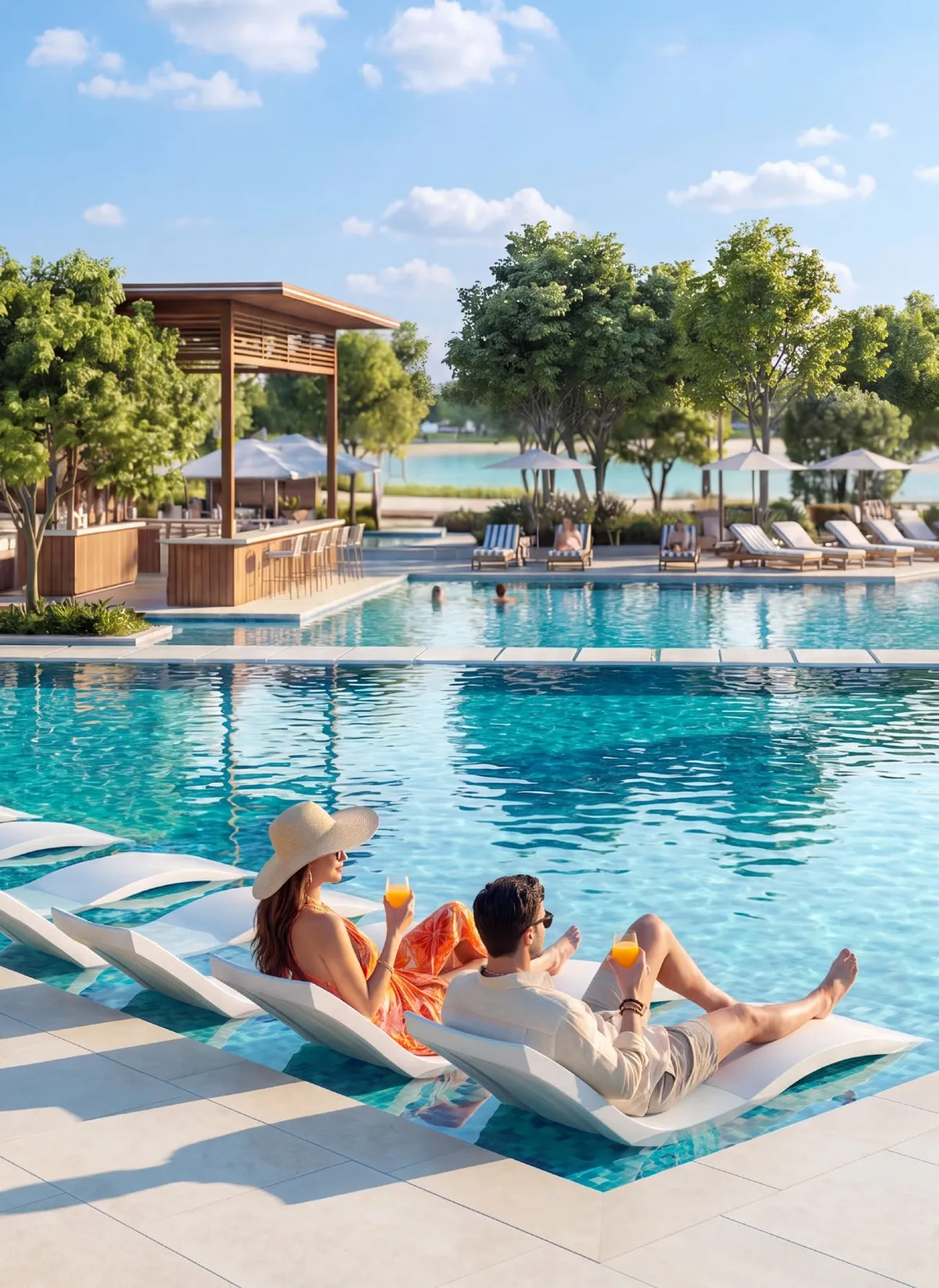 Render of the swimming pool and loungers at The Bristol on Ramhan Island