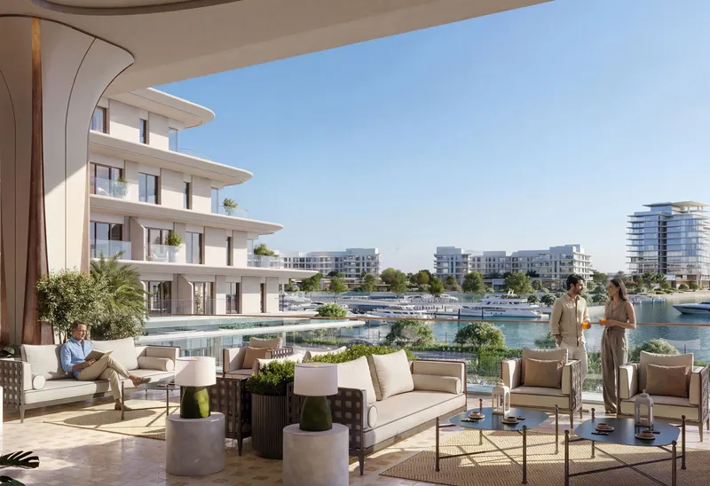 Render of a furnished waterfront terrace at The Bristol looking across the marina