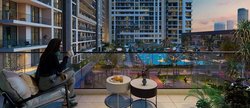 Balcony of a District apartment overlooking the pool deck and neighbouring towers (developer render)