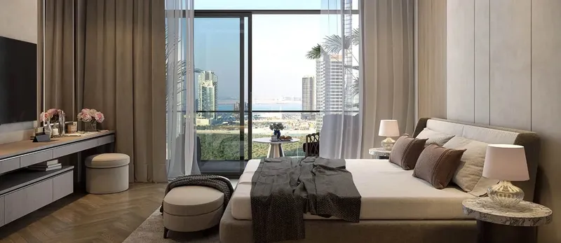 Bedroom in a District apartment with floor-to-ceiling glazing and a view over Al Reem Island (developer render)