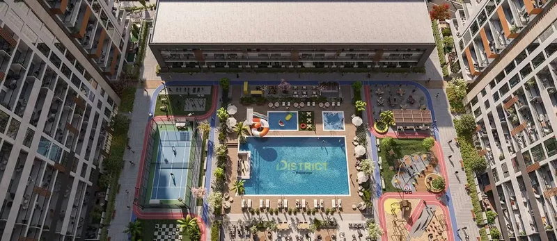 Aerial view of The District's podium deck with a pool, padel court, play areas and seating between the towers (developer render)
