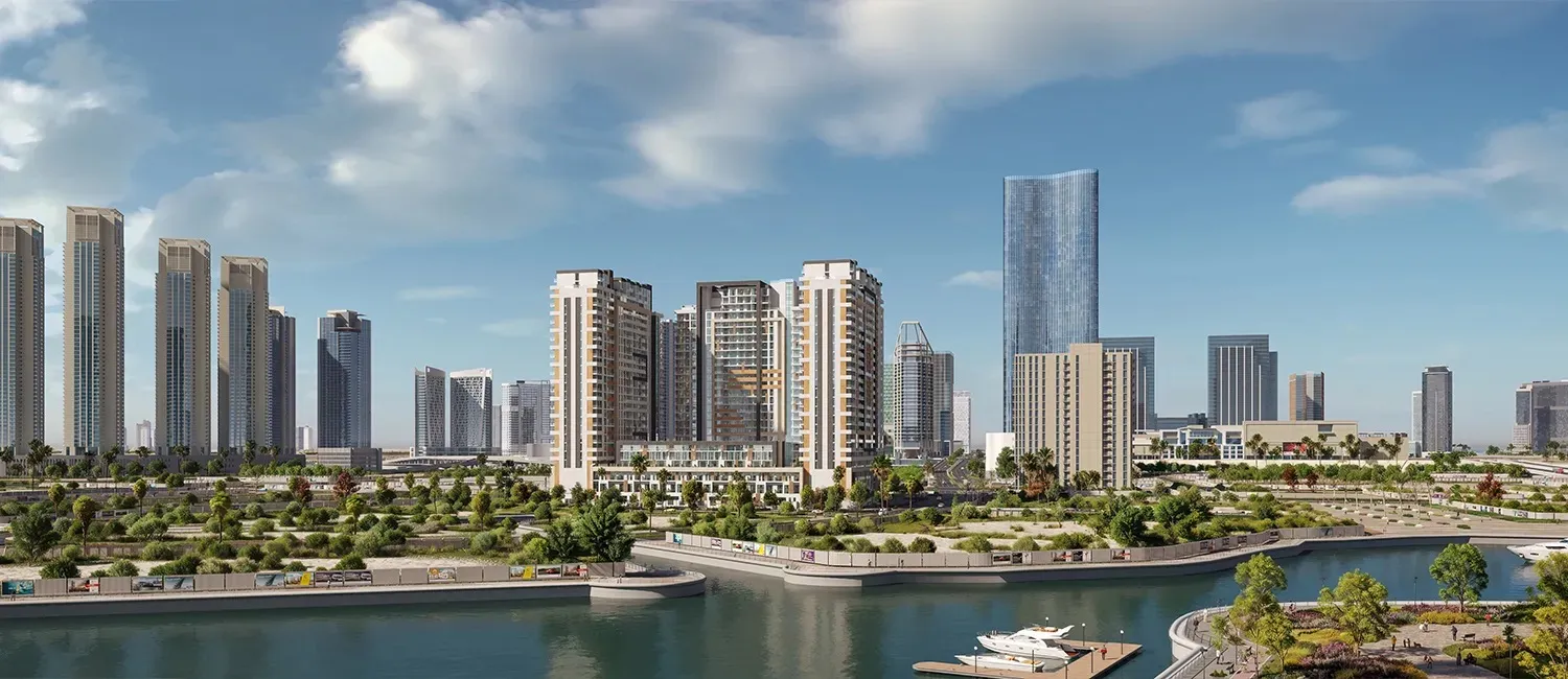 The District's towers on the Al Reem Island waterfront with the island skyline behind (developer render)
