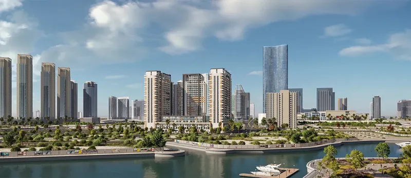 The District's towers on the Al Reem Island waterfront with the island skyline behind (developer render)