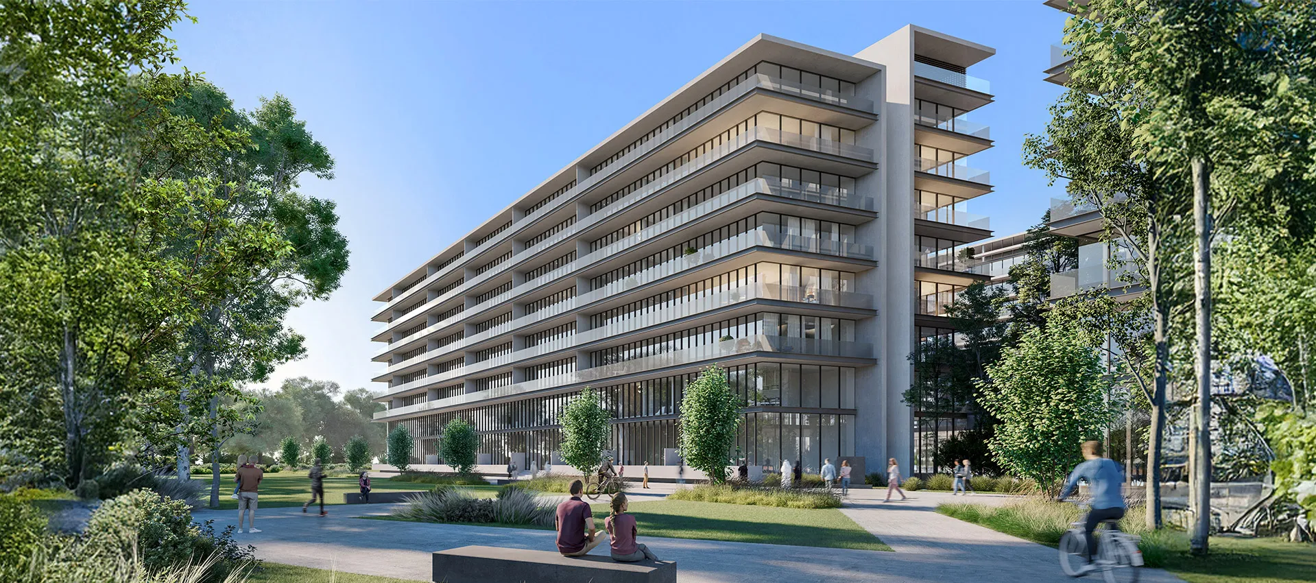 Daytime render of The Gate 5 apartment building at Aljada with long balconies on every floor, seen from a landscaped park with people and a cyclist
