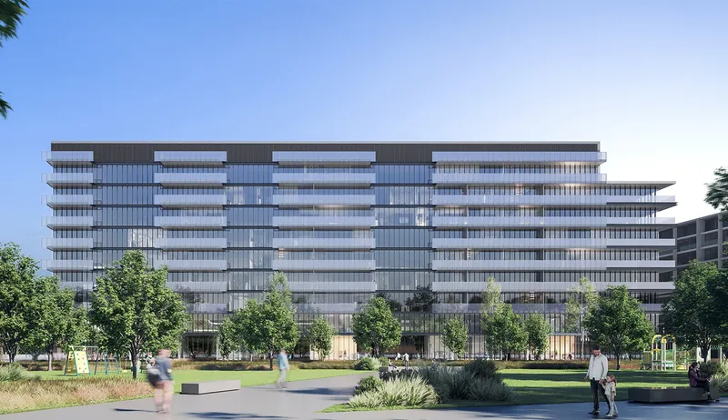 Render of the long park-facing facade of The Gate 5 at Aljada with glass balconies and trees along a paved walkway