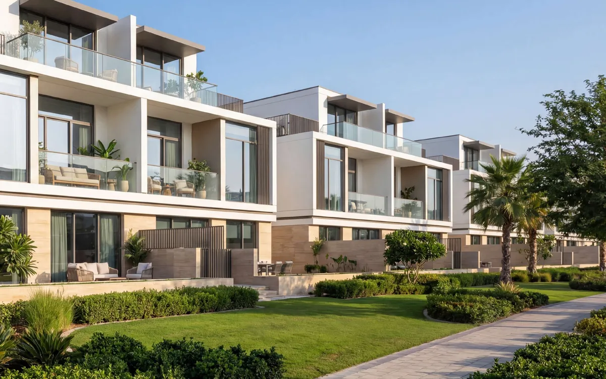 Render of five-bedroom courtyard villas at The Greens, Sobha Sanctuary, seen from the landscaped gardens