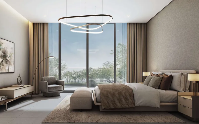 Render of a master bedroom at The Greens with full-height glazing