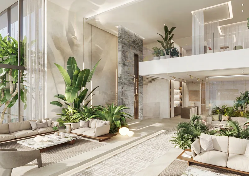 Render of the two-storey clubhouse lounge at The Highgrove