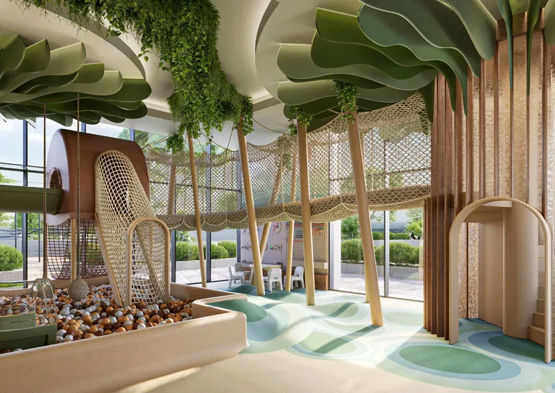 Render of the indoor children's play area with a tunnel and ball pit at The Highgrove