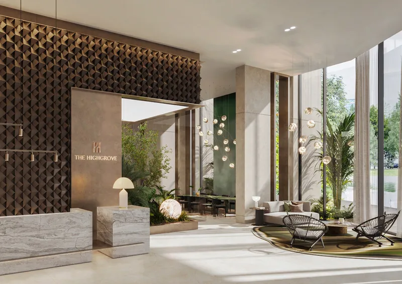 Render of the lobby reception and lounge at The Highgrove