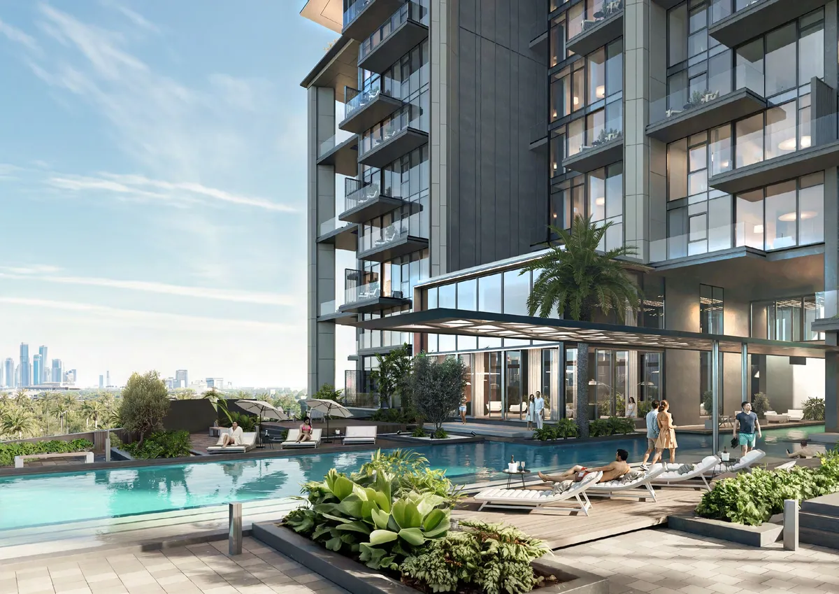 Render of the infinity-edge pool deck at the foot of The Highgrove tower
