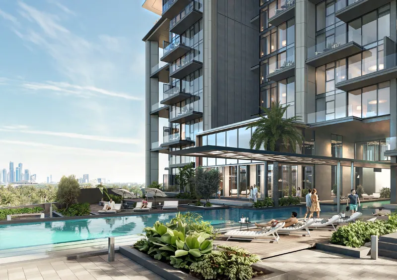 Render of the infinity-edge pool deck at the foot of The Highgrove tower
