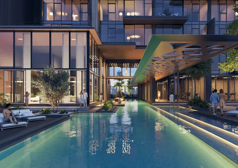 Render of the leisure pool and canopy at The Highgrove in the evening