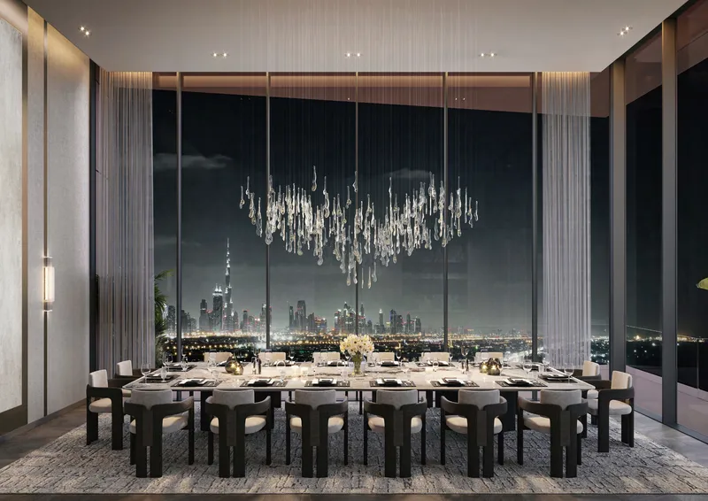 Render of the sky dining room at The Highgrove with the Dubai skyline at night