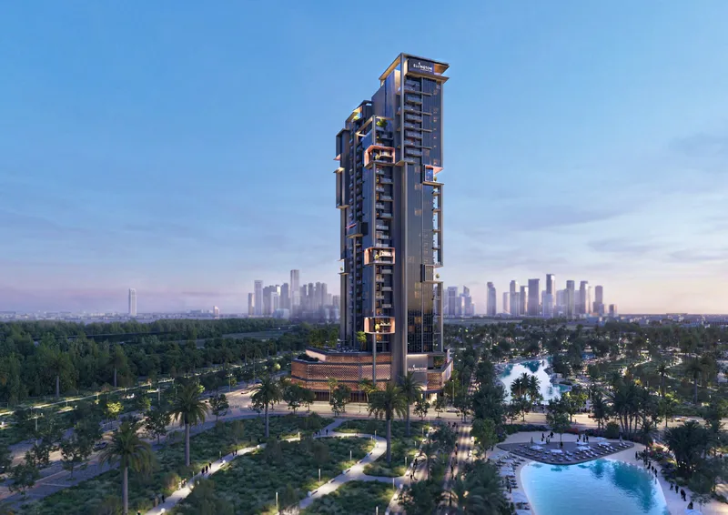 Render of The Highgrove tower with the Dubai skyline behind