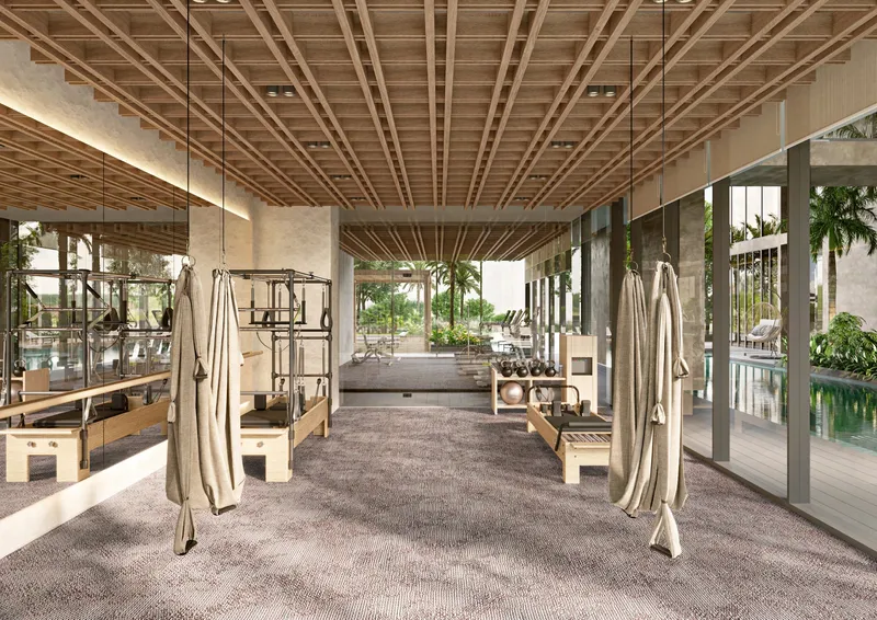 Render of the yoga studio with aerial yoga swings at The Highgrove