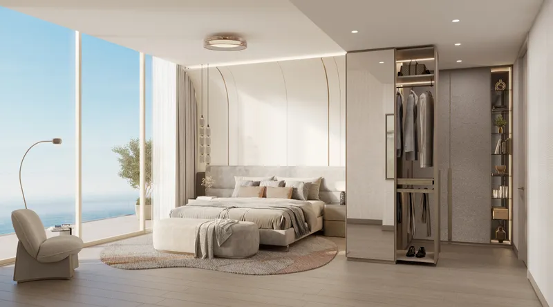 Render of a bedroom with full-height windows at The Meriva Collection by Ellington Properties