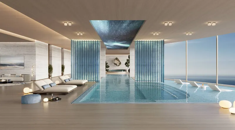Render of the indoor pool lounge at The Meriva Collection by Ellington Properties
