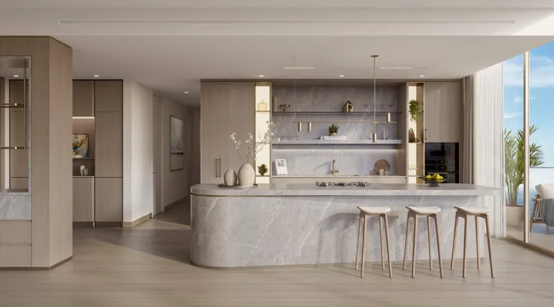 Render of a kitchen with a curved island at The Meriva Collection by Ellington Properties